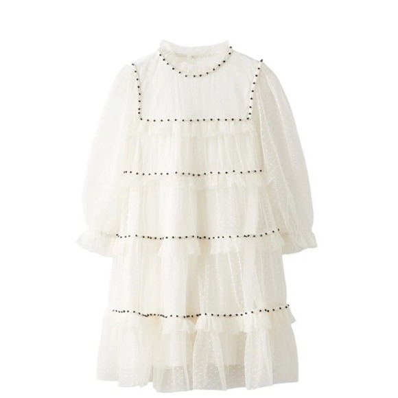 Zara Other - Zara White Tulle Girl's Dress Ruffled Beaded Party Wedding Long Sleeve Size 10